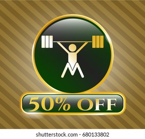  Gold shiny emblem with Snatch Weightlifting icon and 50% Off text inside