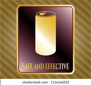  Gold shiny emblem with soda can icon and Safe and effective text inside