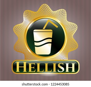  Gold shiny emblem with soda icon and Hellish text inside