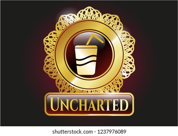  Gold shiny emblem with soda icon and Uncharted text inside