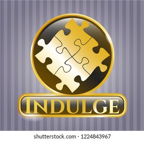  Gold shiny emblem with solution icon and Indulge text inside