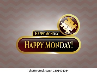  Gold shiny emblem with solution icon and Happy Monday! text inside