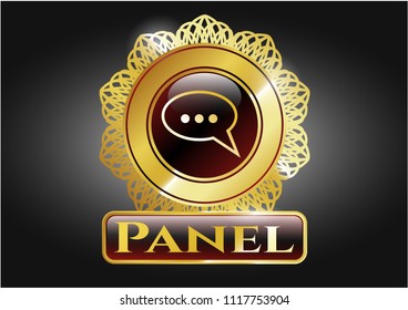  Gold shiny emblem with speech bubble icon and Panel text inside