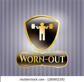 Gold shiny emblem with squat icon and Worn-out text inside