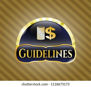  Gold shiny emblem with stack of coins icon and Guidelines text inside