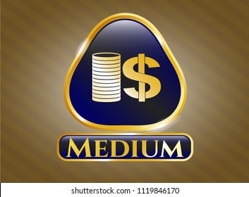  Gold shiny emblem with stack of coins icon and Medium text inside