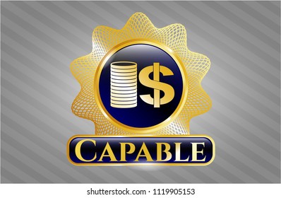  Gold shiny emblem with stack of coins icon and Capable text inside