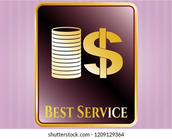  Gold shiny emblem with stack of coins icon and Best Service text inside