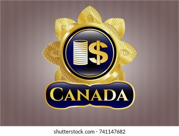  Gold shiny emblem with stack of coins icon and Canada text inside