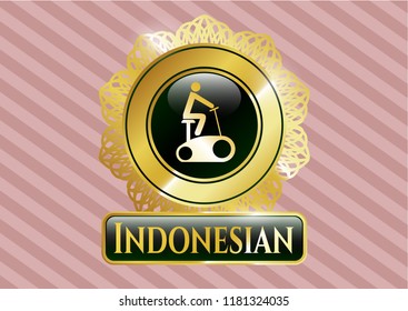  Gold shiny emblem with stationary bike icon and Indonesian text inside