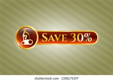  Gold shiny emblem with stationary bike icon and Save 30% text inside