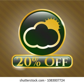   Gold shiny emblem with sun behind cloud icon and 20% Off text inside