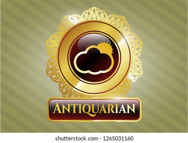  Gold shiny emblem with sun behind cloud icon and Antiquarian text inside