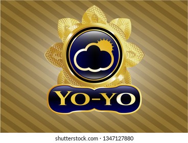  Gold shiny emblem with sun behind cloud icon and Yo-yo text inside