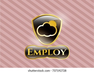  Gold shiny emblem with sun behind cloud icon and Employ text inside