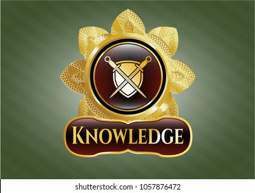  Gold shiny emblem with swords crossed with shield icon and Knowledge text inside