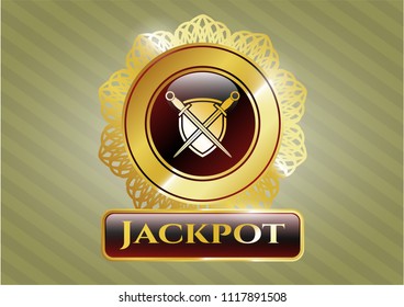  Gold shiny emblem with swords crossed with shield icon and Jackpot text inside
