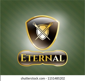  Gold shiny emblem with swords crossed with shield icon and Eternal text inside