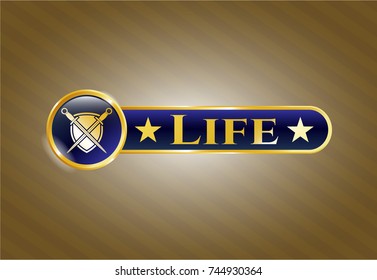 Gold shiny emblem with swords crossed with shield icon and Life text inside