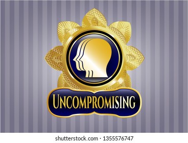  Gold shiny emblem with team work icon and Uncompromising text inside