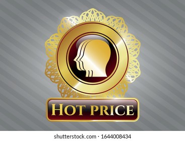  Símbolo dorado brillante con icono de trabajo en equipo y texto de precio caliente dentro