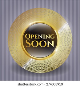 Emblema dorado brillante con texto "abriendo pronto" dentro