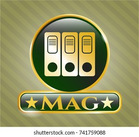  Gold shiny emblem with three folders icon and Mag text inside