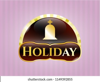  Gold shiny emblem with tombstone icon and Holiday text inside
