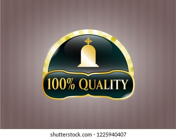  Gold shiny emblem with tombstone icon and 100% Quality text inside