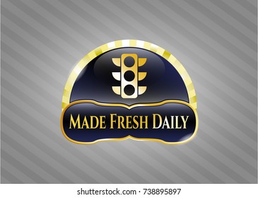  Gold shiny emblem with traffic light icon and Made Fresh Daily text inside