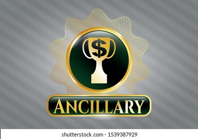  Gold shiny emblem with trophy with money symbol inside icon and Ancillary text inside