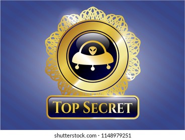  Gold shiny emblem with ufo with aline inside icon and Top Secret text inside