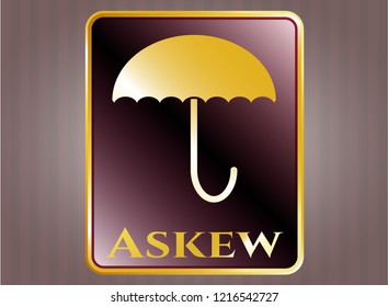  Gold shiny emblem with umbrella icon and Askew text inside