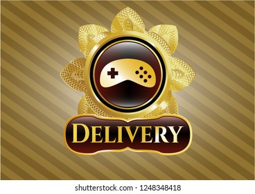  Gold shiny emblem with video game icon and Delivery text inside
