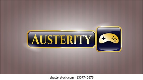  Gold shiny emblem with video game icon and Austerity text inside