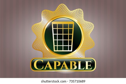  Gold shiny emblem with wastepaper basket icon and Capable text inside