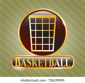  Gold shiny emblem with wastepaper basket icon and Basketball text inside