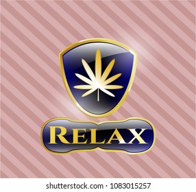  Gold shiny emblem with weed leaf icon and Relax text inside
