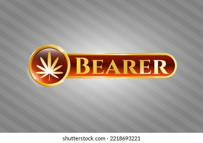 Emblema dorado brillante con icono de hoja de maleza y texto de portador dentro