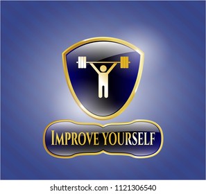  Gold shiny emblem with weightlifting icon and Improve yourself text inside