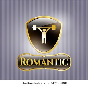  Gold shiny emblem with weightlifting icon and Romantic text inside