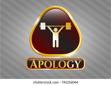  Gold shiny emblem with weightlifting icon and Apology text inside