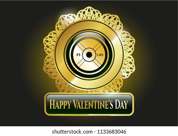  Gold shiny emblem with weightlifting or powerlifting plate (45 lbs) icon and Happy Valentine's Day text inside