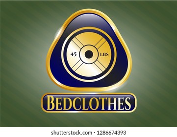  Gold shiny emblem with weightlifting or powerlifting plate (45 lbs) icon and Bedclothes text inside