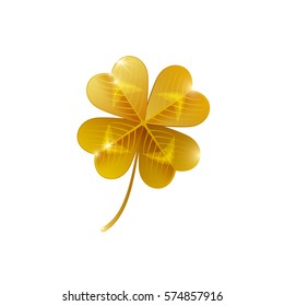 Gold shiny four leaf clover isolated on white. Vector illustration. Saint Patrick's Day concept icon. Lucky and success symbol, leprechaun treasure.