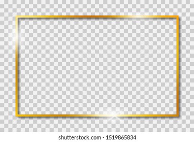 Gold shiny frame with shadow isolated on transparent background. Vector golden luxury realistic rectangle border.