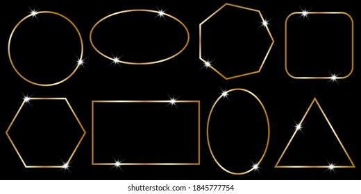 Marcos geométricos brillantes de oro. Banner brillante para las vacaciones o felicitaciones en un fondo negro. Ilustración del vector EPS 10