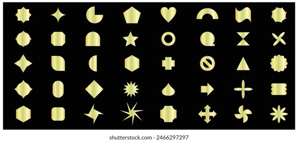 Gold shiny geometry shapes, geometric glossy stars, flowers, and other simple geometric shapes