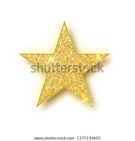 Gold shiny glitter glowing christmas star with shadow isolated on white background. Vector illustration.