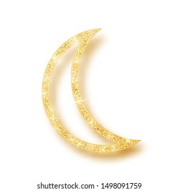 Gold shiny glitter glowing half moon with shadow isolated on white background. Crescent Islamic for Ramadan Kareem design element. Vector illustration.